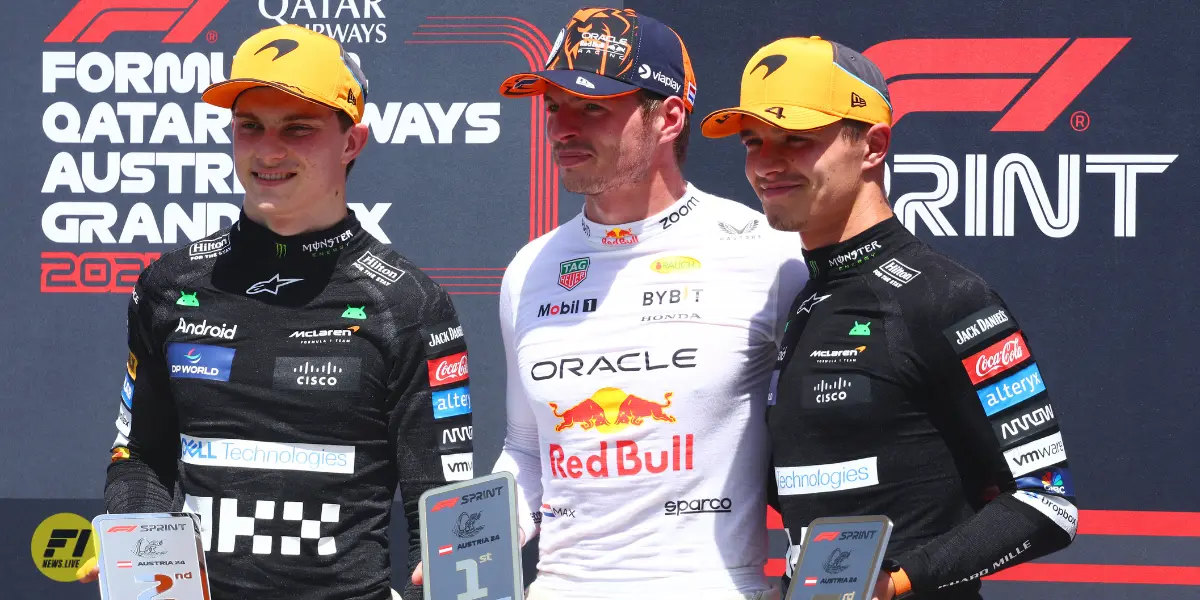 First placed Max Verstappen,second placed  Oscar Piastri and third placed Lando Norris in Austrian GP