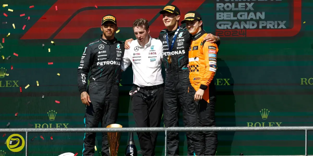 Lewis Hamilton, George Russell and Oscar Piastri on the podium-pitinsider.com