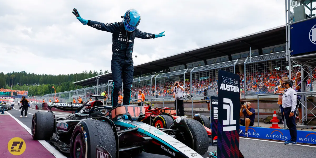 George Russel celebrating his win at the 2024 Austrian GP-Mercedes 