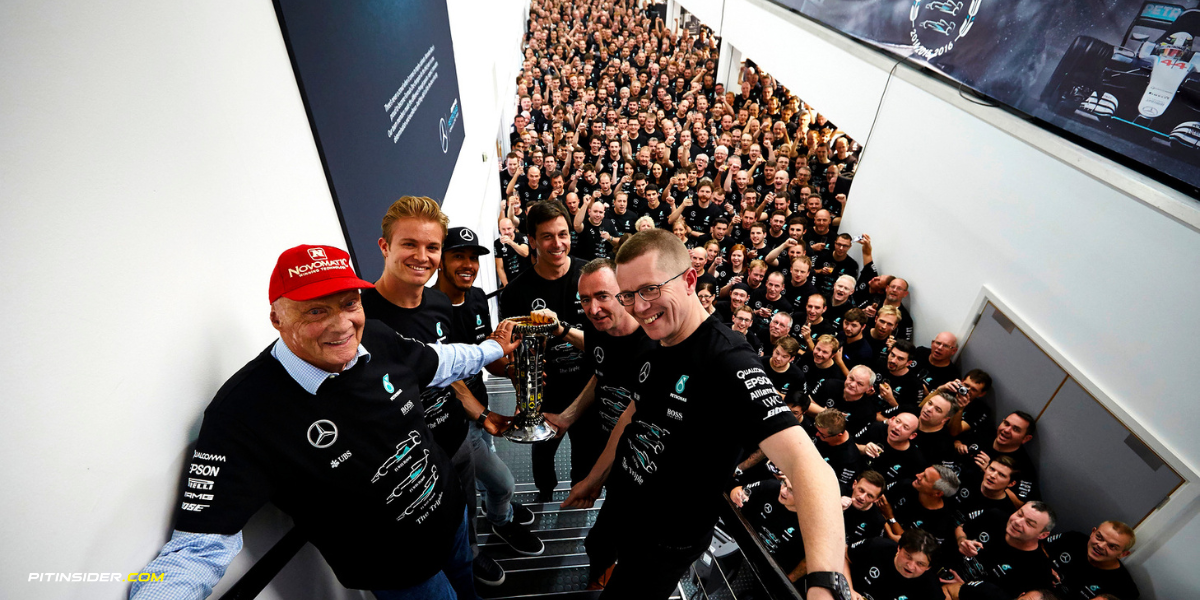 Andy Cowell, Nicky Lauda, Nico Rosberg, Paddy Lowe, Lewis Hamilton and Toto Wolff-Mercedes 