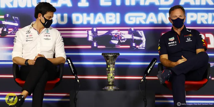 Toto Wolf and Christian Horner during the 2021 Abu Dhabi Grand Prix Team Principals Press Conference 