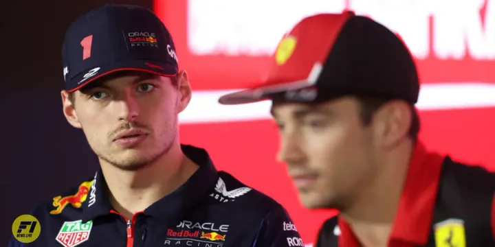 Max Verstappen and Charles Leclerc during the 2023 Driver's Press Conference in Bahrain