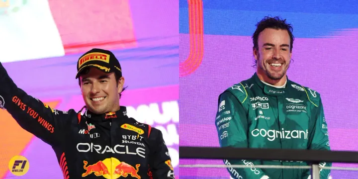 Sergio Perez and Fernando Alonso on the podium at the 2023 Saudi Arabia GP