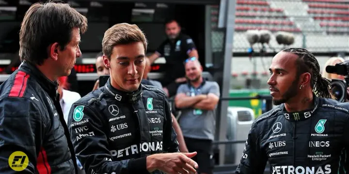 Toto Wolff George Russel and Lewis Hamilton-Credit: Mercedes 