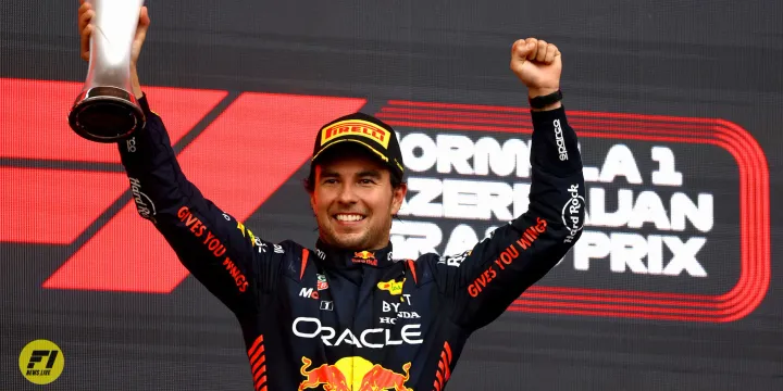 Sergio Perez on the podium at the Azerbaijan GP 2023 - Red Bull Content Pool