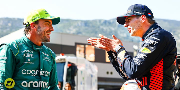 Fernando Alonso and Max Verstappen after qualifying at the 2023 Monaco Grand Prix-Red Bull Content Pool 