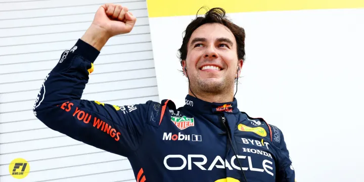 Sergio Perez celebrating his pole position  at the 2023 Miami Grand Prix