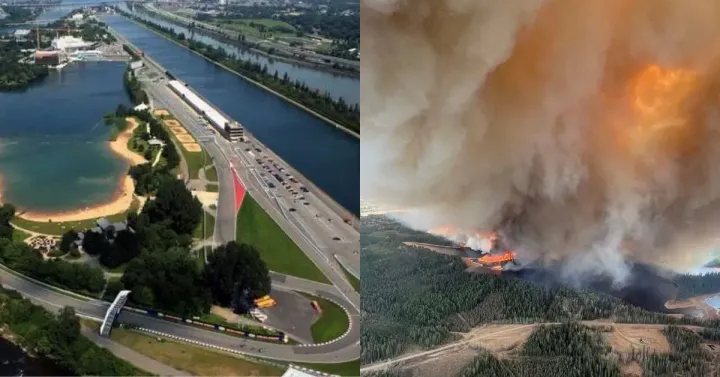 Left image, Circuit Gilles Villeneuve. On the right, The current wildfires Canada is facing. 