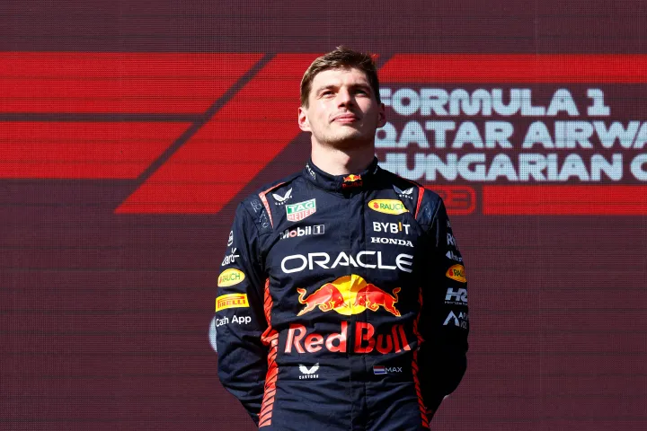 Max Verstappen on the podium at the 2023 Hungarian GP 