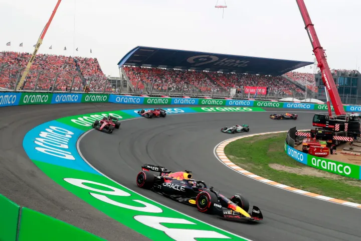 F1 cars in procession on lap one of the 2022 Dutch Grand Prix