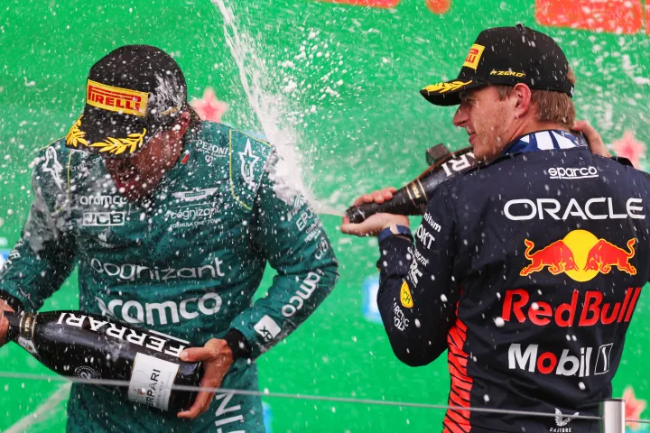 Verstappen celebrating the win with Fernando Alonso at the 2023 Dutch GP-Red Bull Content Pool