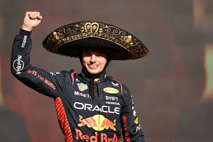 Max Verstappen on the podium of the 2023 Mexico Grand Prix-Red Bull Content Pool