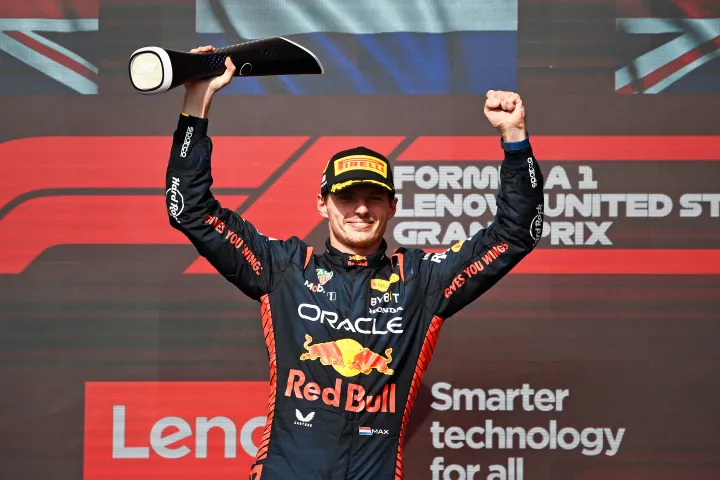 Mac Verstappen on the podium of the 2023 US GP-Red Bull Content Pool