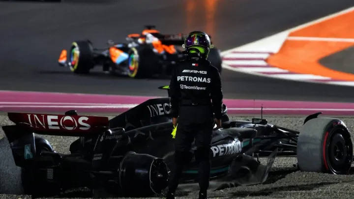 Lewis Hamilton after crashing with George Russell at the 2023 Qatar GP-Credit: XPB images