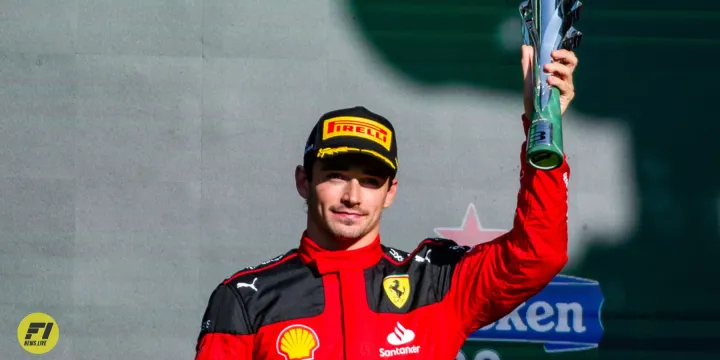 Charles Leclerc on the podium at the 2023 Mexico Grand Prix-Ferrari