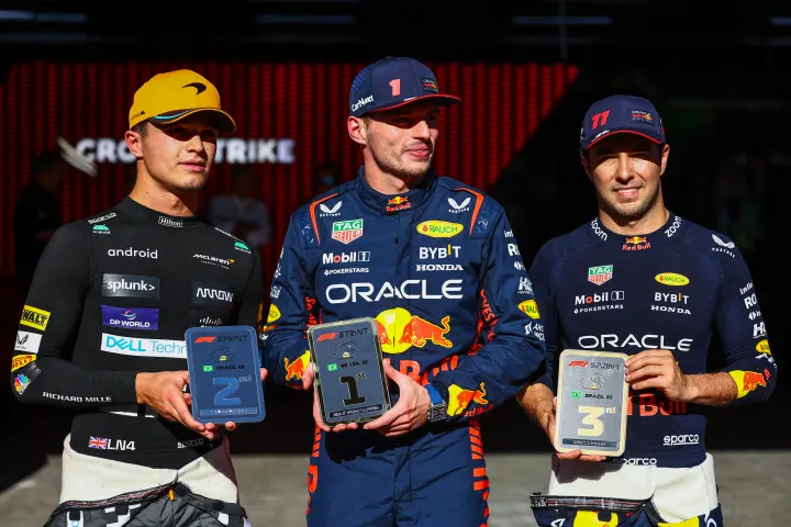 Lando Norris, Max Verstappen and Sergio Perez after the Sprint Race-Red Bull Content Pool