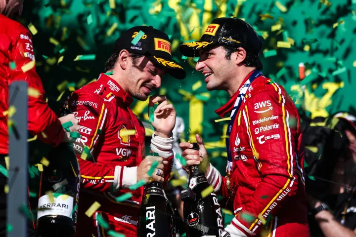 Charles Leclerc and Carlos Sainz celebrating their 1-2 victory at the 2024 Australian GP-Ferrari