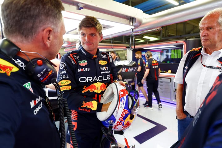 Chrstian Horner, Max Verstappen and Helmut Marko-Red Bull Content Pool