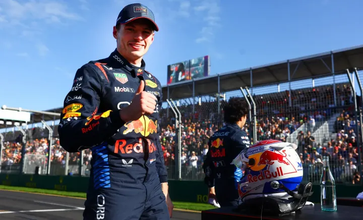 Max Verstappen celebrating P1 after qualifying at the 2024 Australian GP-Red Bull Content Pool