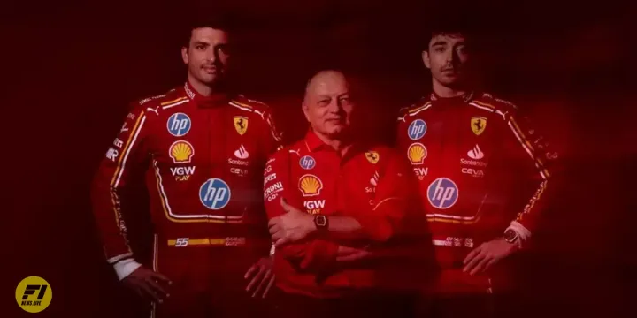 Carlos Sainz, Fred Vasseur and Charles Leclerc with the new title sponsor HP-Ferrari