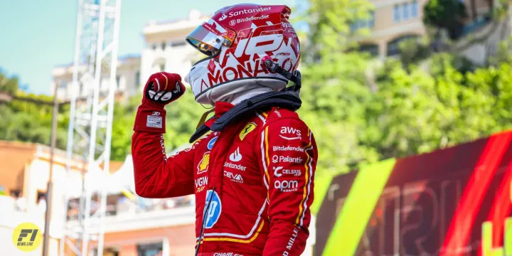 Charles Leclerc celebrating his Pole at the 2024 Monaco GP-Ferrari